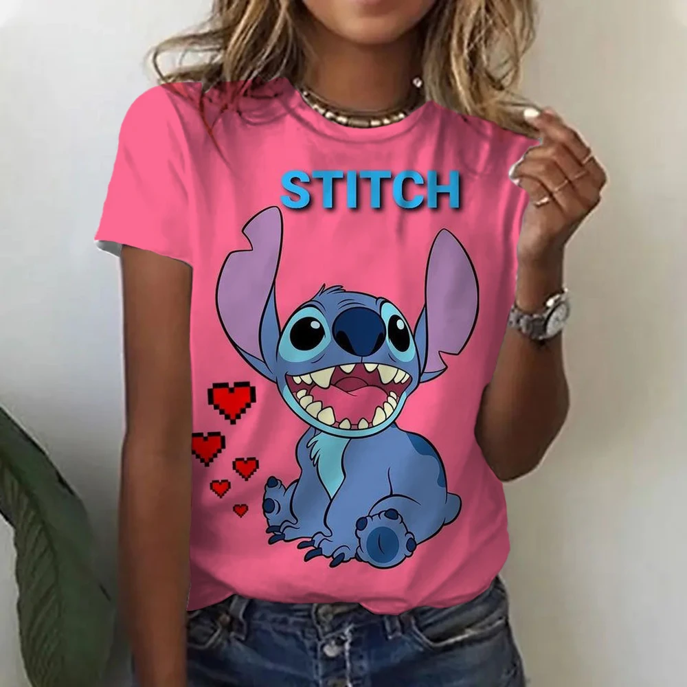 Kawaii Lilo Stitch Print T-shirts Tops for Women Lady Summer Children T-shirts Casual O-neck Ohana Stitch Disney T-shirts