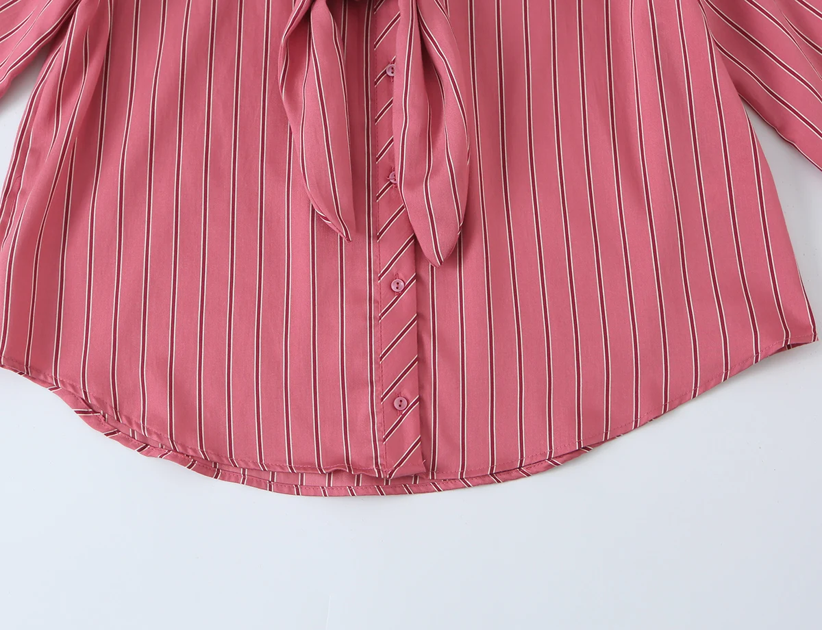 BSAY 2026 Damenbluse im französischen Stil, gestreift, eleganter Schal zum Binden am Hals, lange Laternenärmel, Knopfleiste vorne, lockeres Büro-Arbeitsshirt, Oberteil – Detail 6