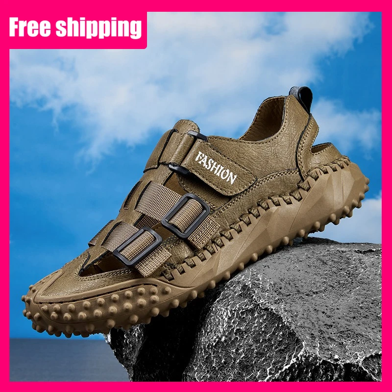 Men Sandals Hand Sewn Leather Summer Outdoor Casual Breathable Walking Beach Sandals Lightweight Soft Plus Size Non-Slip Sandals