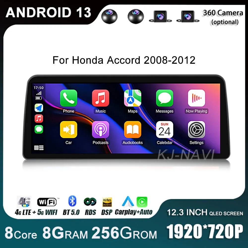 

Автомагнитола 12,3 дюйма для Honda Accord 2008-2012 IPS экран 8G + 128G Android 14 мультимедийный видеоплеер Стерео GPS-навигация RDS