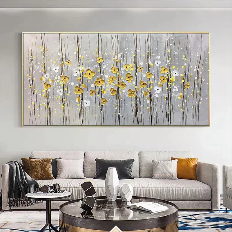 Horizontal Handmade Botanical Oil Painting, Palette Knife Gold Blossom Art, Neutral Grey Tone Textured Canvas Wall Decor