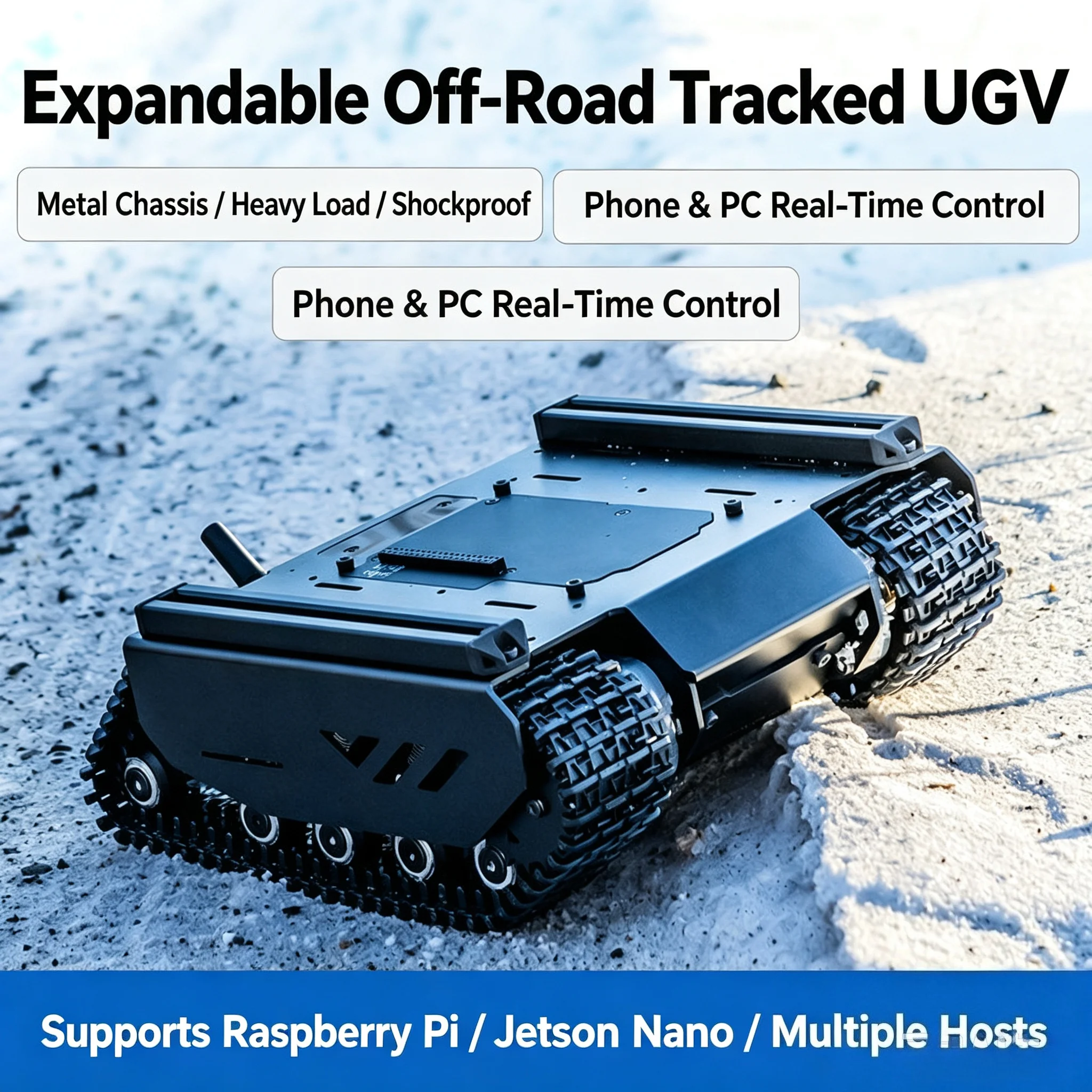 Waveshare Expandable Off‑Road Tracked UGV with Expansion Rails, ESP32 Slave Computer Onboard Wi‑Fi/Bluetooth