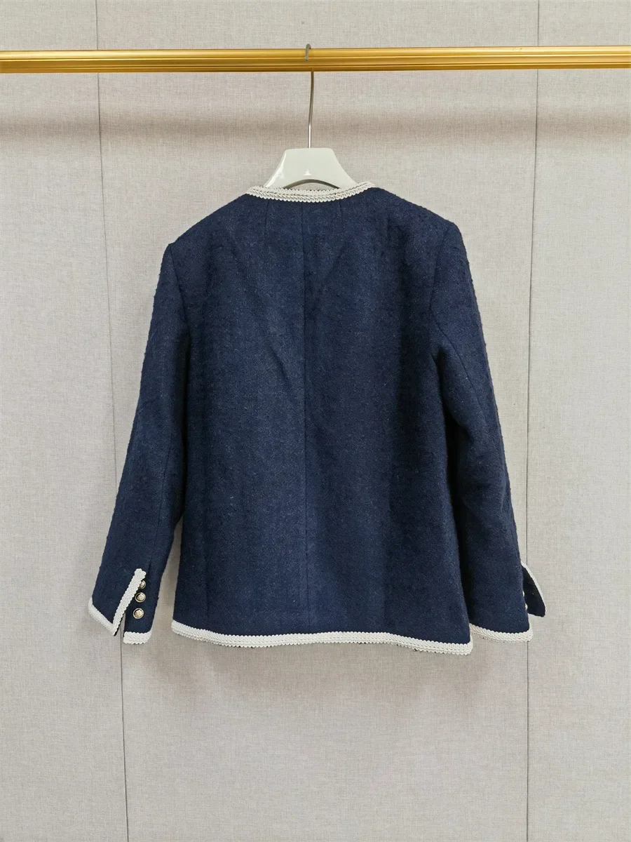 

Women Contrast Color Trim Tweed Coat Metal Buttons 2024 New Autumn Winter Ladies O-Neck Long Sleeve Outwear Jacket
