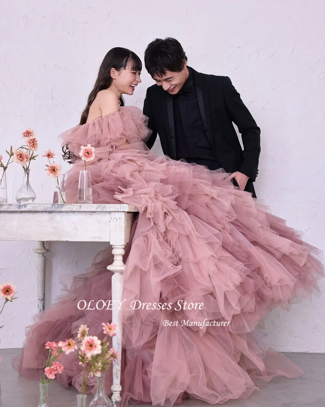 

OLOEY Exquisite Pink A Line Pink Evening Dresses Tiered Tulle Photoshoot Wedding Party Dress Sweetheart Floor Length Customized