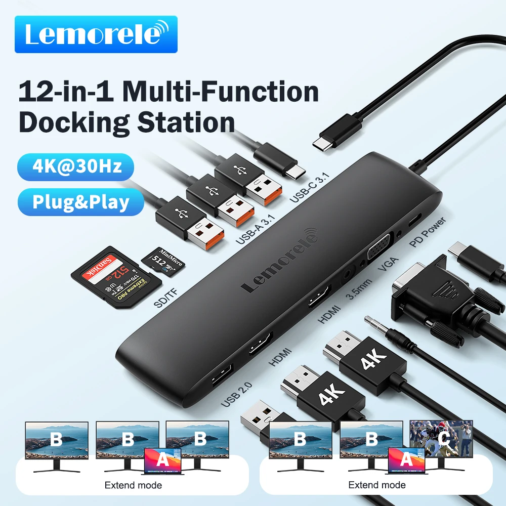 

Lemorele 10Gbps USB Hub 12 IN 1 Type-C Docking Station VGA Port PC Laptop 2 HDMI 4K 30Hz Compatible Card Reader Docking Station