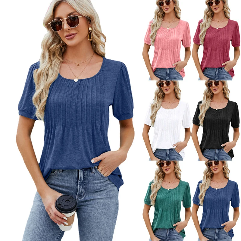 

Summer Cute Babydoll Bloues Flare Tunic Loose Peplum Pleated V Neck Short Sleeve Woman Tshirts Striped Ruffle T Shirt Tees Top