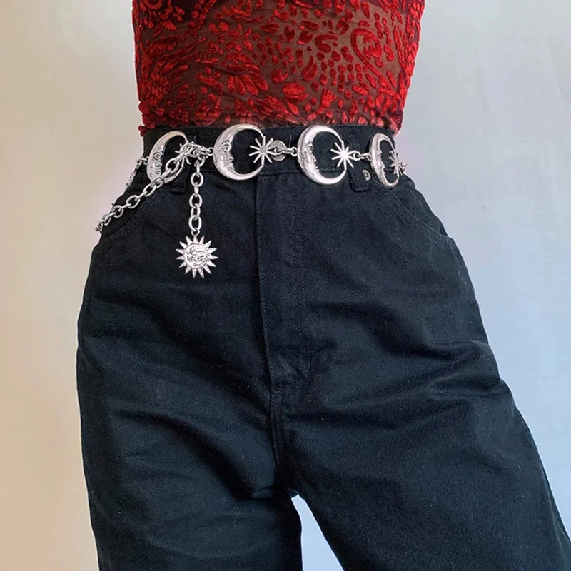 Unique Harajuku Style Fashion Sexy Ladies Moon Sun Metal Belt Retro High Waist Chain Personality Clothing Accessories Jewelry