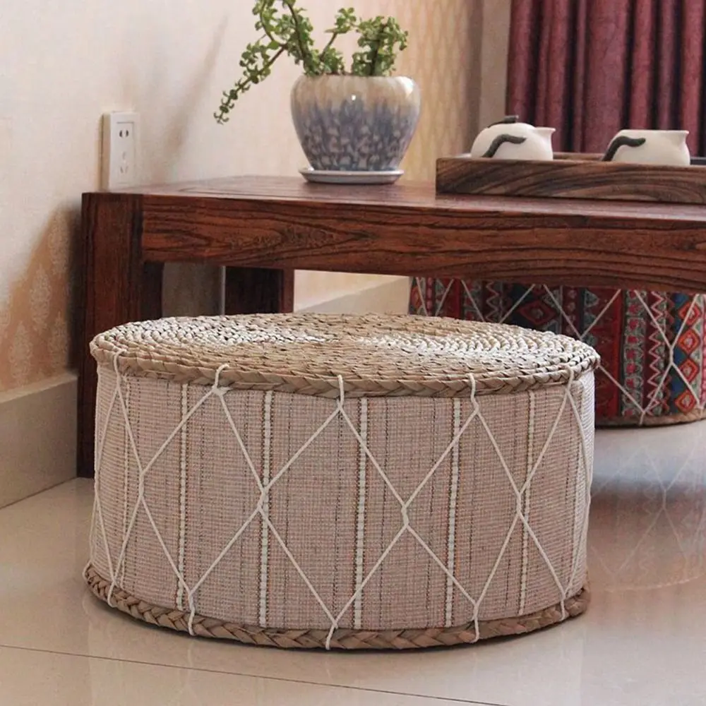 Hand-Woven Floor Cushion Round Shape Portable Design Zafu Cushion Durable Material Natural Straw Woven Stool Bedroom Use