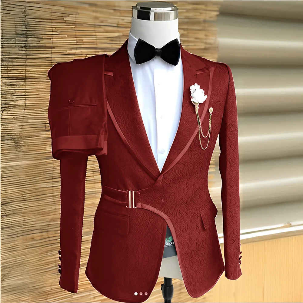 Jacquard Men's Suit 2 Piece Set Formal Wedding Groom Tuxedo High Quality Jacket Pants Party Evening Outfit Men