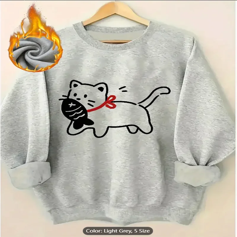 Sudadera de color albaricoque para mujer, jersey informal de gran tamaño con forro polar y estampado gráfico de pez gato, Top para amantes de los gatos, comodidad de algodón puro
