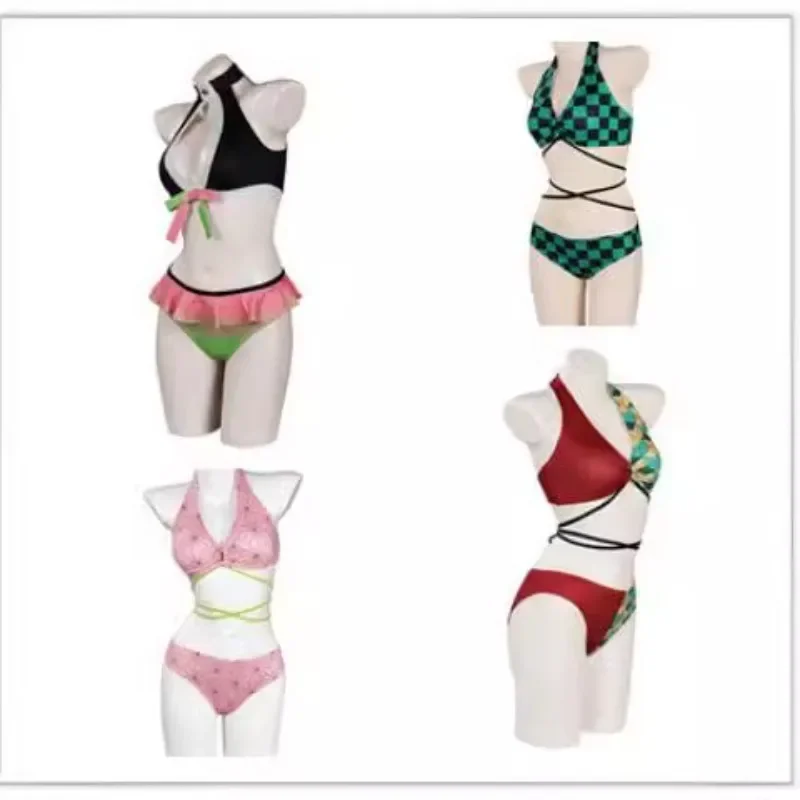 Hot Anime Demon Kamado Nezuko Cosplay Swimsuit Bikini Cover Up Beach Bathing Two-Piece Swimwear Halloween Carnival Suit gifts