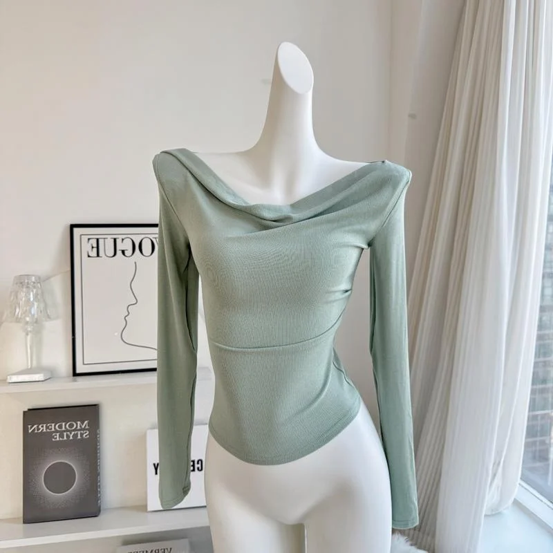 

Early Autumn Spicy Short Shoulder Bared Long Sleeve T Shirt Women's Slim Fit Base Shirt Commute Style Korean Version Regular ...