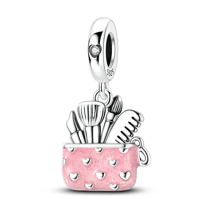 S925 Sterling Silver Pink Makeup Bag Dangle Charm Heart Cosmetic Brushes Lipstick Comb Pendant Fit Bracelets Jewelry Gift