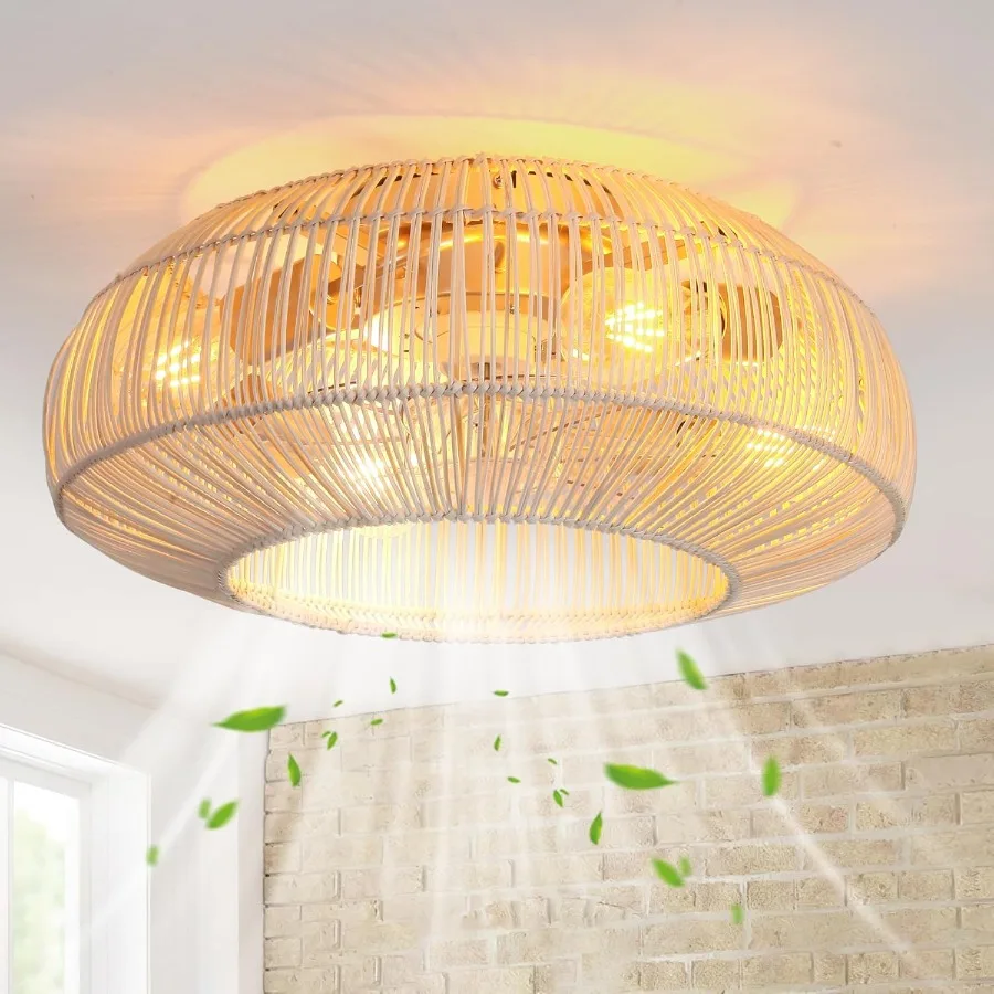 

20 Caged Boho Ceiling Fan with Light and Remote Flush Mount Rattan Ceiling Fan with 6-Speed Reversible Motor 5-Blade Enclosed T