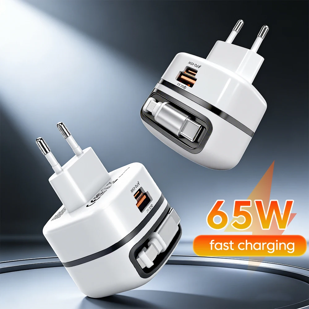 

Зарядное устройство для мобильных телефонов с быстрой зарядкой 65W USB Type-C, с выдвижным кабелем Type-C, супербыстрая зарядка для iPhone 16, 15, Samsung, POCO, Xiaomi