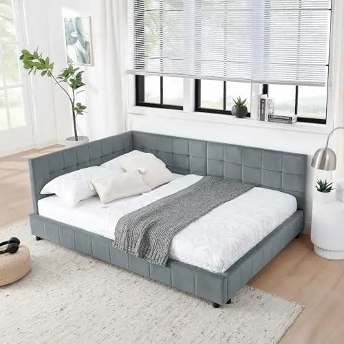 Full Size Upholstered Tufted Daybed Frame with Backrest and Armrest, Velvet Sofa Bed Frame with Wood Slats, No Box