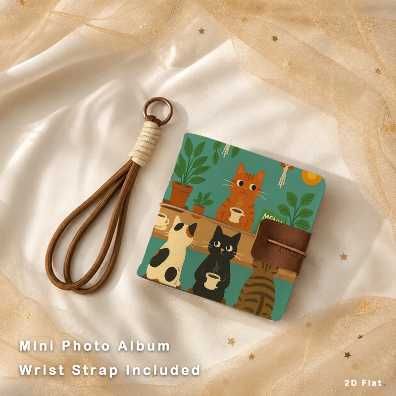 Cute Cafe Cats Drinking Coffee Mini Photo Album With Wrist Strap Portable Pocket Photo Book Storage Cat Lover Souvenir Gift
