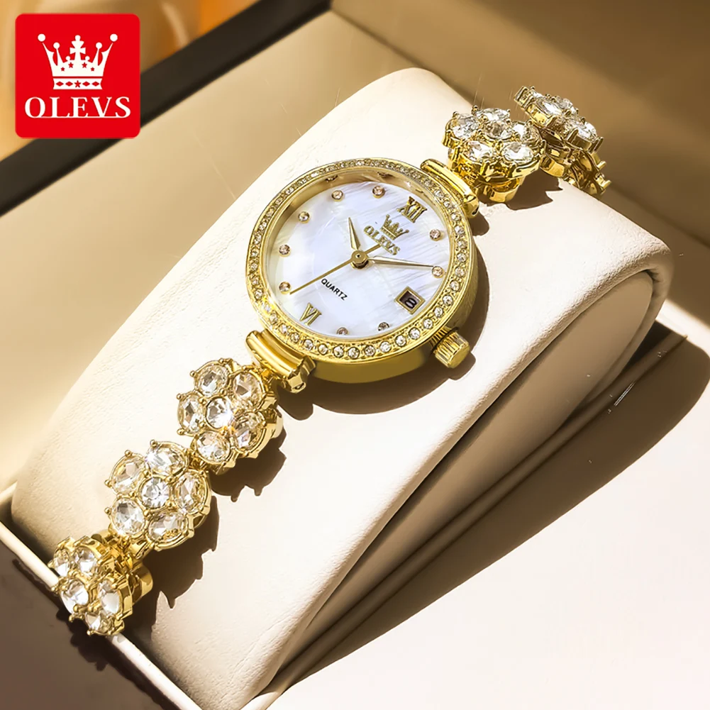 OLEVS Full Diamond Quartz Watch for Woman Original Fashion Unique Rotation Flower Bracelet Watches Luxury Ladies Wristwatch 5638