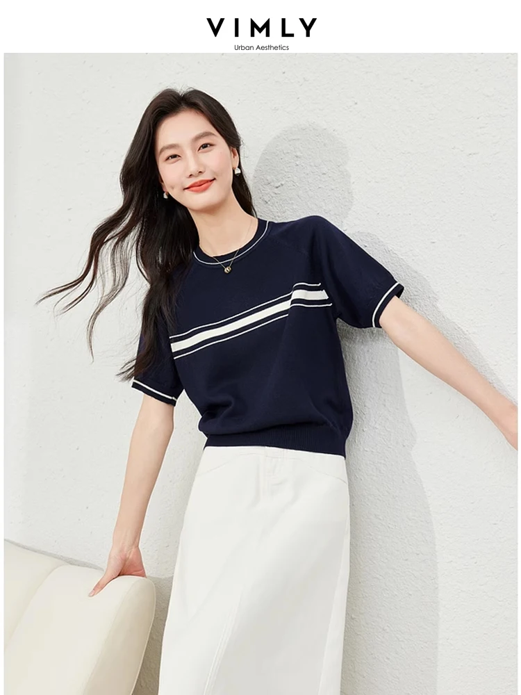 Vimly Contrast Striped Short Sleeve T-shirts Woman 2024 Summer High Strecth Simple Soft Knitted Pullovers Female Knitwear 72898