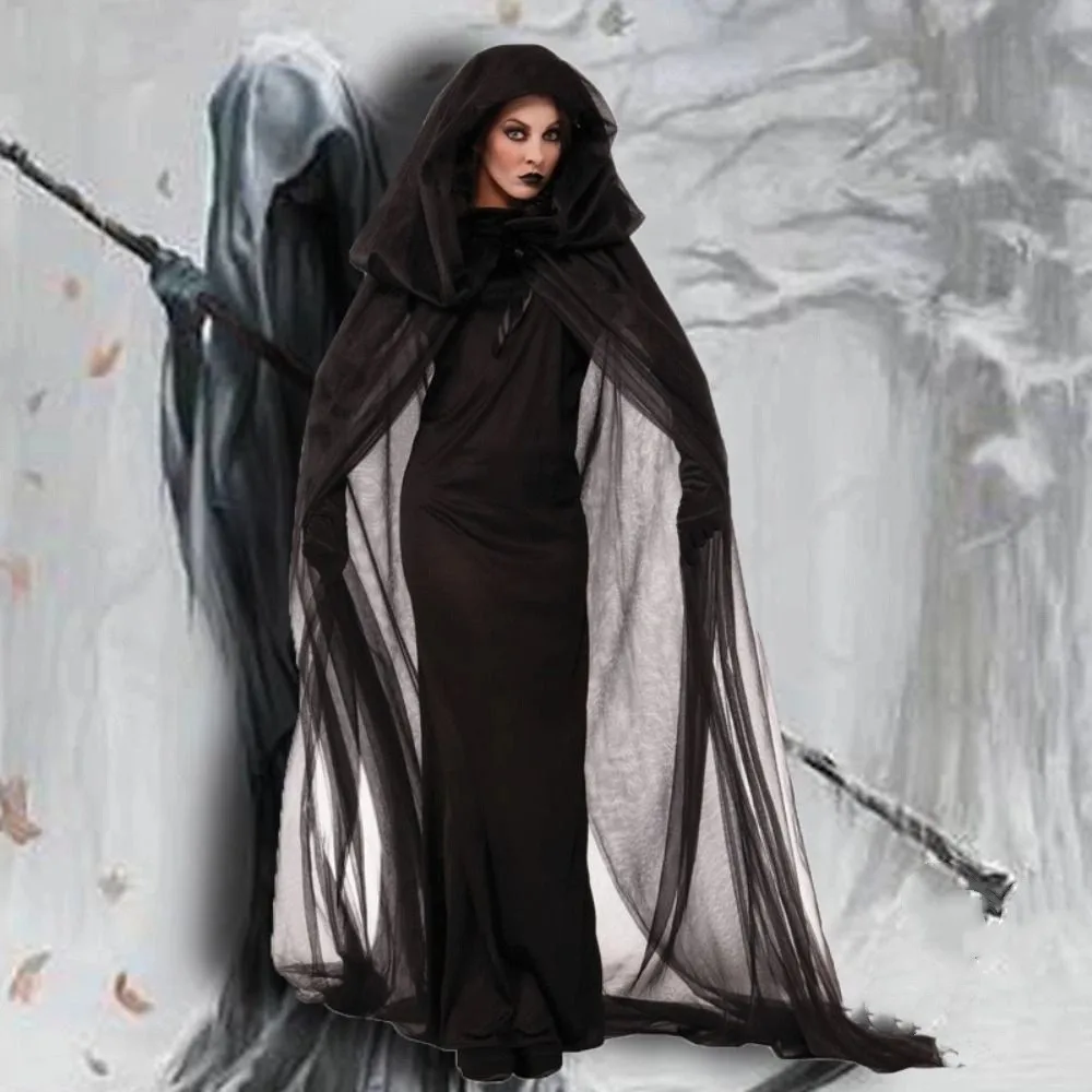 

Funny Transparent Mesh Ghost Cloak Lace Up Cosplay Women Halloween Costume Dress Up Accessories Hooded Cloak Cosplay
