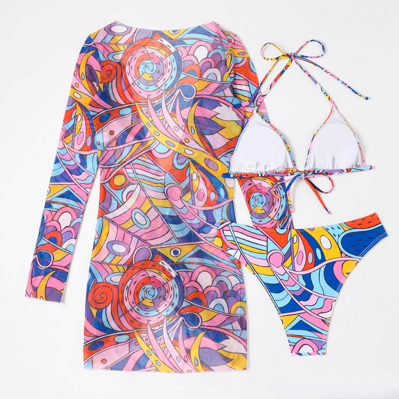 Sexy Bikini Sets New Female Three-Piece Drawstring Ruched Micro Thong Swimwear Print Halter Swimsuit Woman Long Sleeves Cover Up