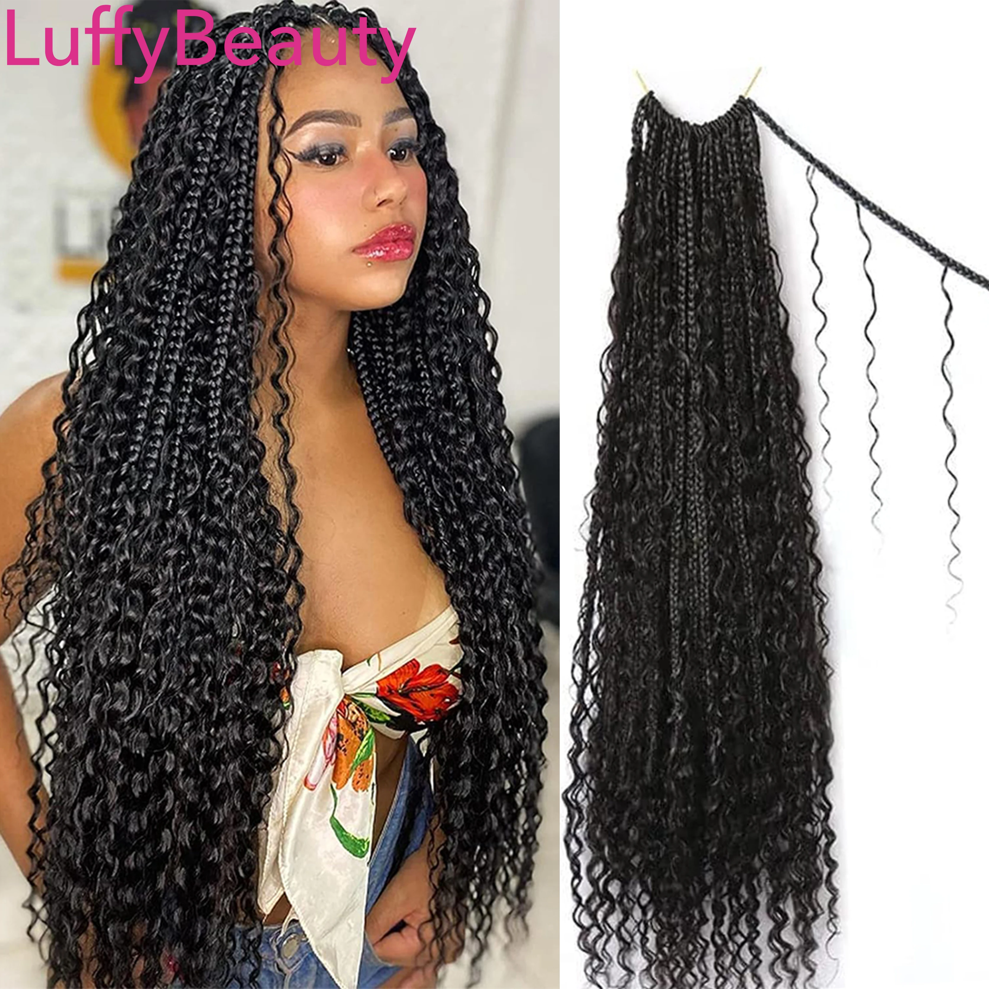 Crochet Boho Box Braids With Human Hair Curls Pre Looped Synthetic Braiding Hair Curly Full Ends Hair Extensions LuffyBeauty