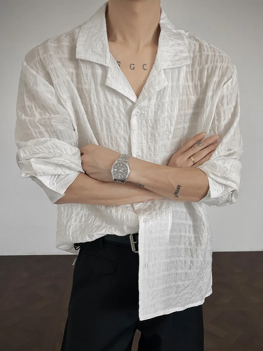 

White Cuban Collar Casual Loose Men's Shirt Textured Fashion Urban Style Breathable Comfortable Long Sleeve Button up Shirt
