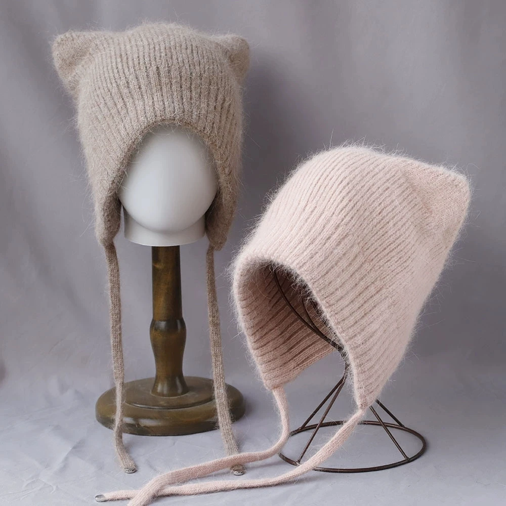 Women Ear‑flap Knit Hat for Autumn and Winter Warm Wool Beanie Hat for Women Thermal Headwear Pullover Hats