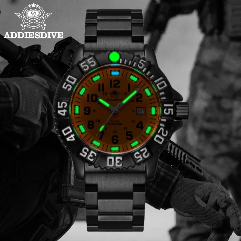 Addiesdive Oranje Wijzerplaat Stalen Band Heren Quartz Horloge Mode Legering Case Lichtgevende Waterdichte Outdoor Sporthorloj Hombre