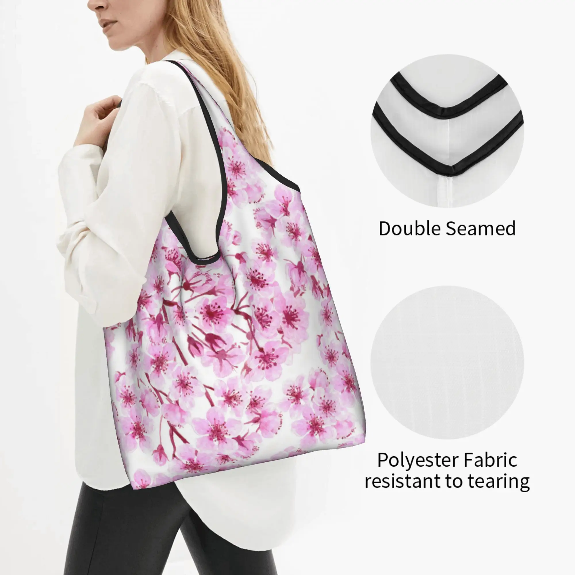 Recycling Cherry Blossom Floral on Pink  Shopping Bag Women Tote Bag Portable Japane Flowers Groceries Shopper Bags