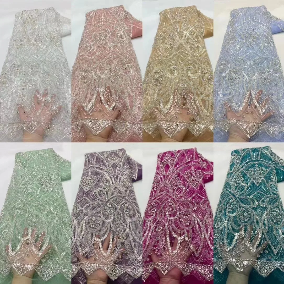 2024 Latest French Heavy Beaded Tulle Laces Fabric High Quality African Net Groom Lace Fabric With Sequins For Evening Dresses