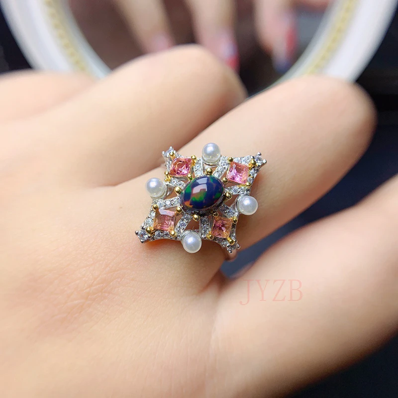 Tự Nhiên Chói Mắt Màu Nhẫn Nữ Opal S925 Bạc Mạ Vàng 18K Lửa Chữ Màu Sắc Nhật Bản Và Hàn Quốc Xu Hướng Thời Trang đa Năng