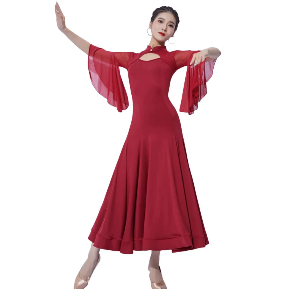 Waltz Ballroom Competition Dress Foxtrot Costume Ruffled Loose Half Sleeves Slit Hem Dance Wear Ball Gowns Performance Clothes