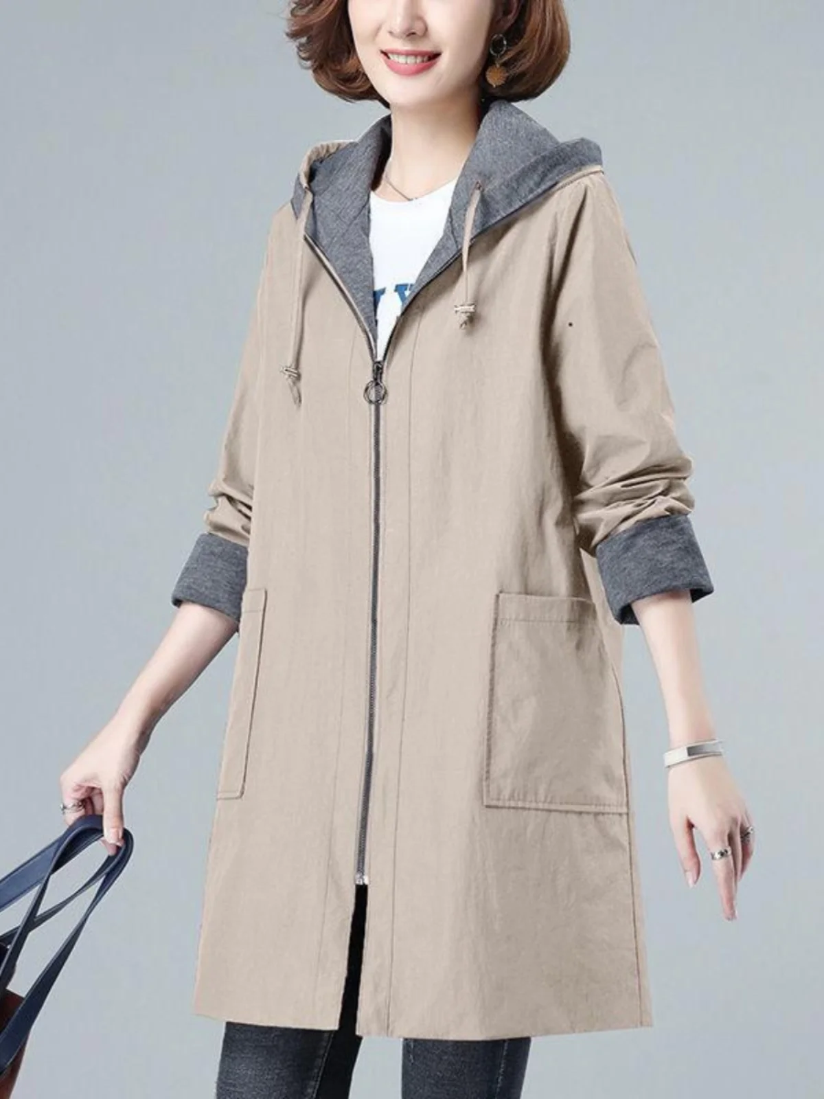 Stylish Mid-Length Coat for plus Size Women Older Adults Fashionable Korean Style Straight Cut Polyester Fiber Zipper Closure