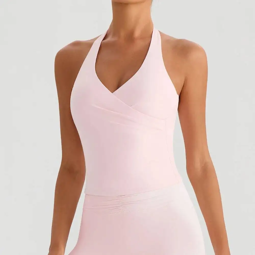 Top damski bez pleców z dekoltem w serek, wiązany na szyi, do jogi, z wkładkami push-up, bezszwowy, wyszczuplający, bez pleców, kamizelka do noszenia na zewnątrz.
