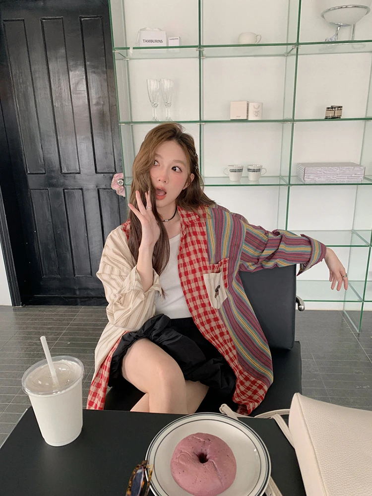 Oversized Plaid Patchwork Blouses Vintage Streetwear Boyfriend Shirt For Ladies Ulzzang Harajuku Long Sleeve 2024 Blusas Tops