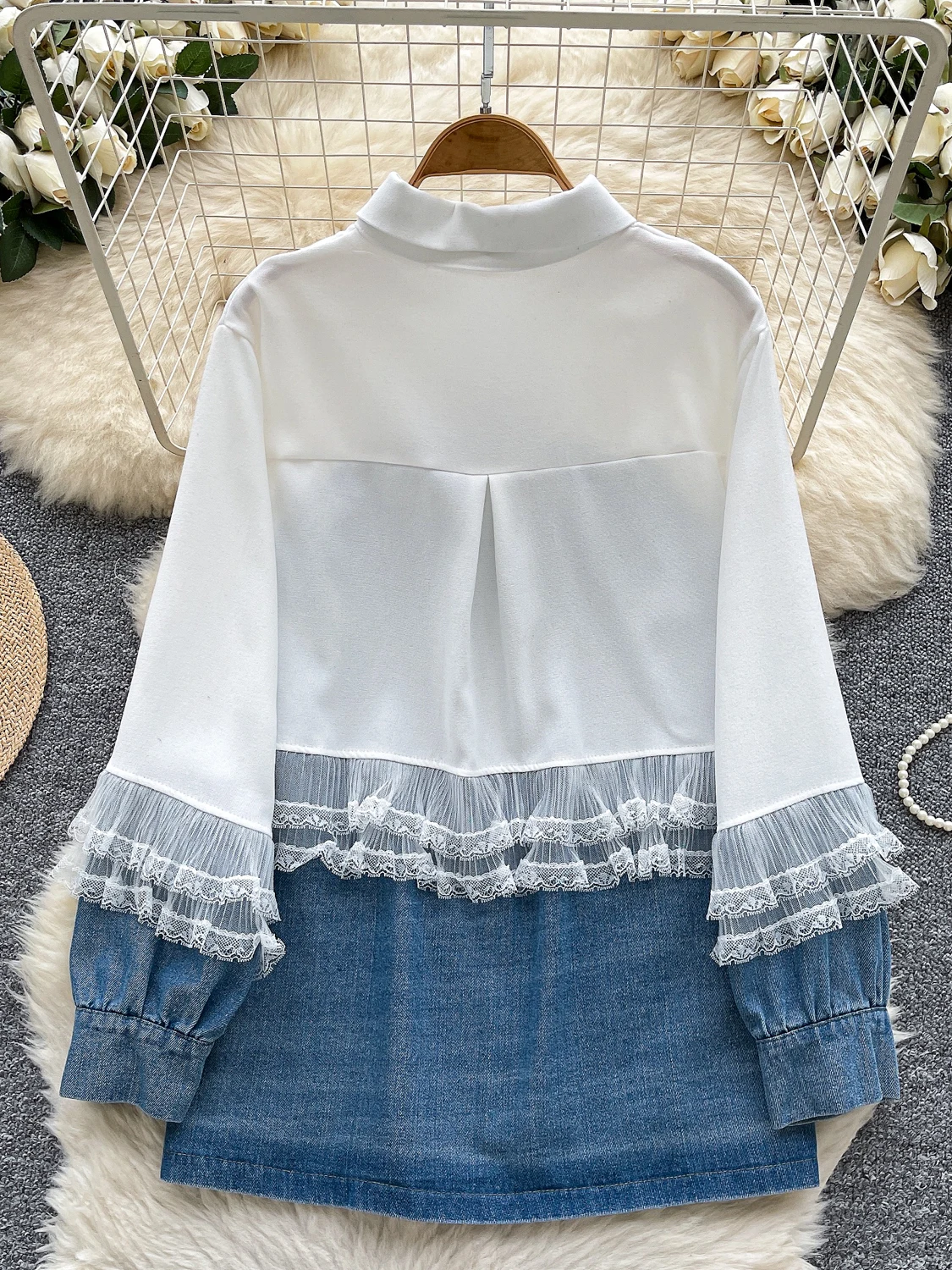 

Свободное женское длинное пальто Sve Denim irt с кружевным дизайном, корейская версия, пальто на одной пуговице