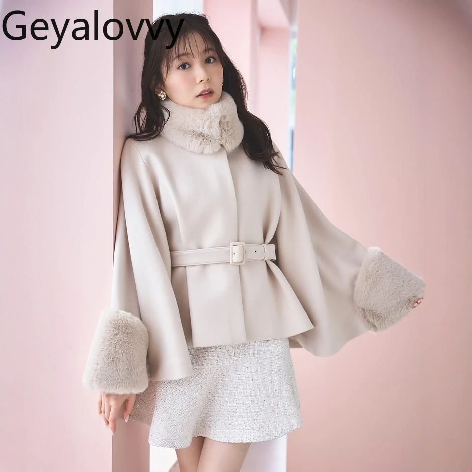 Japanese Style Autumn Winter New Fur Collar Patchwork Solid Color Short Cape Coat Elegant Shawl Style Cloak Coat with Belt