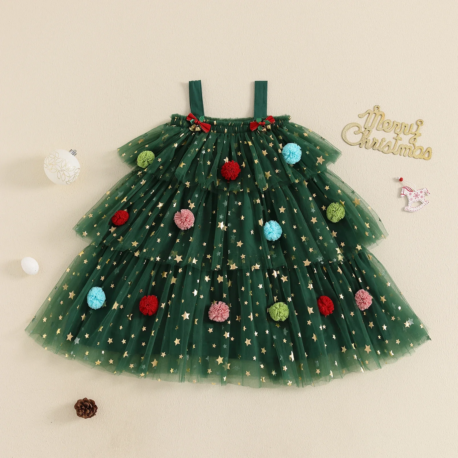 

Kids Girls Christmas Dress Strap Sleeveless Star Print Lace Layered Tulle Sundress with Plush Ball Hat