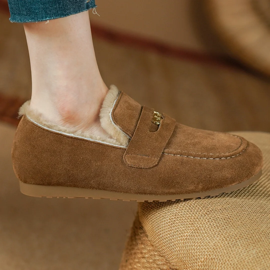 Women's natural suede leather round toe slip-on flats winter loafers wool inside cold weather casual female non-slip moccasins