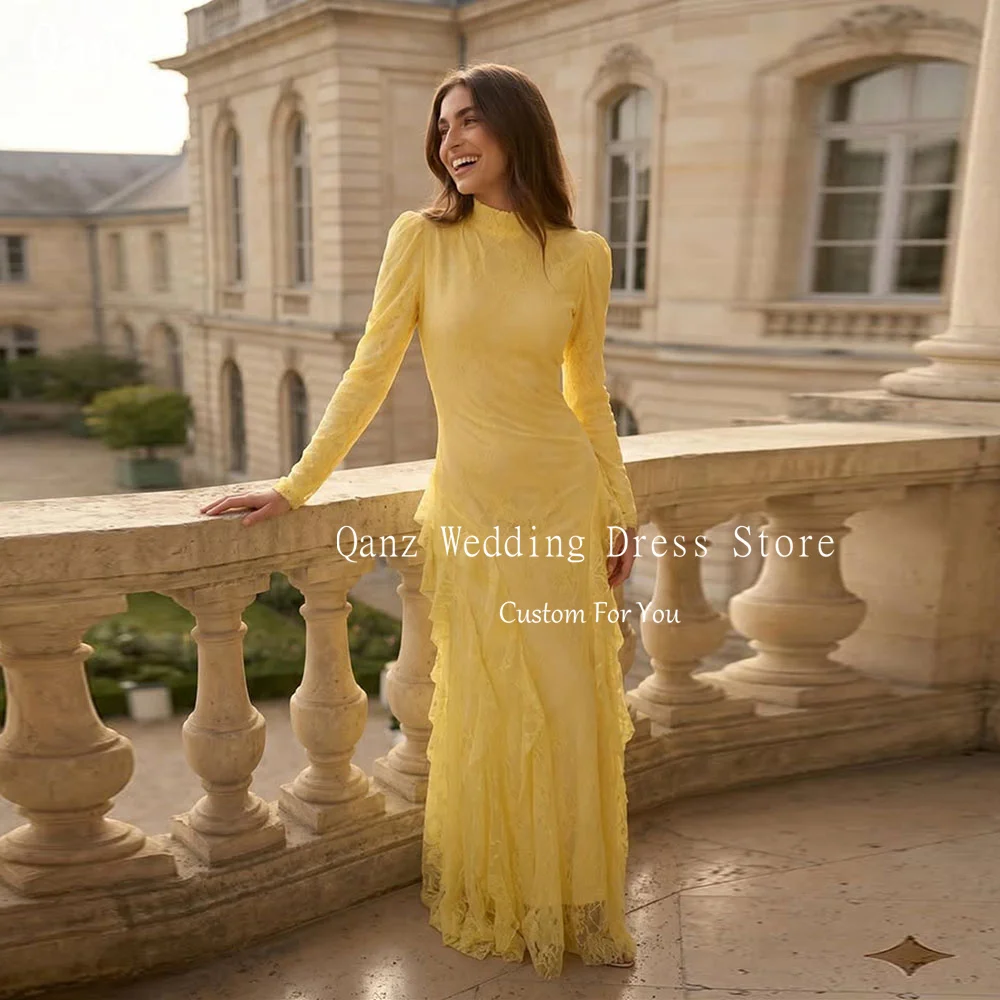 

Qanz Bright Yellow Lace Appliques Evening Dresses Long Sleeves Mermaid Wedding Guest Dress High Neck Robes De Soirée Customized