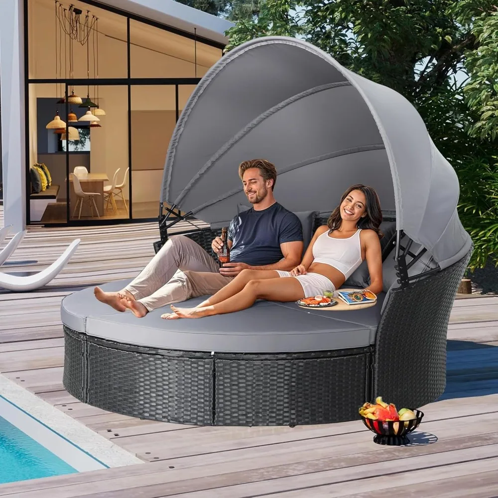

Patio Round Daybed with Retractable Canopy, Adjustable Clamshell Sectional Seating, Outdoor Wicker Furniture with Washable Cushi