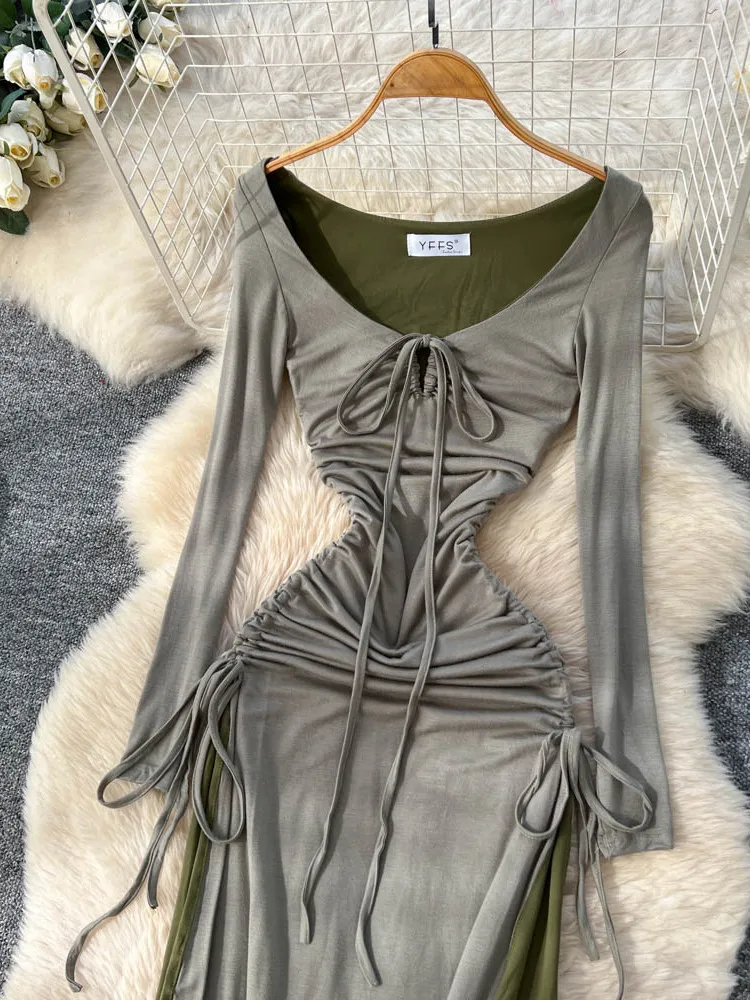 Coreano sle plissado longo sve feminino dr dstring cor blo emagrecimento a linha maxi saia commute faion fibra de poliéster