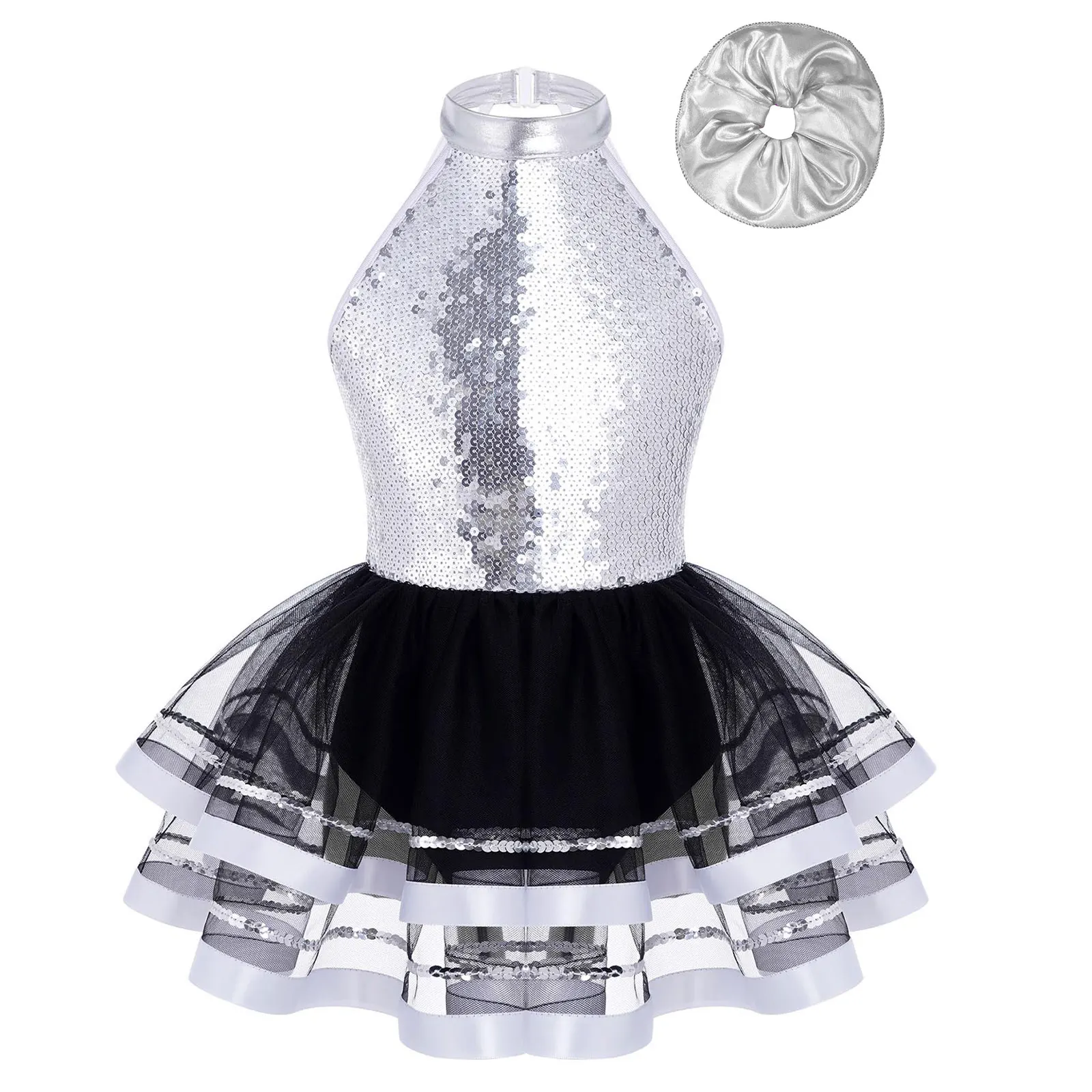 Kids Girls Halter Sleeveless Sparkling Sequins Tutu Dress Modern Dancewear Jazz Latin Ballet Dance Dress Performance Costume