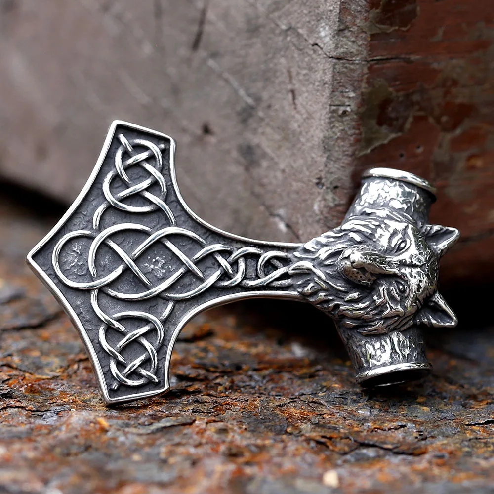 2024 Thor\'s Hammer Mjolnir Scandinavian Rune Amulet Design Stainless Steel Men\'s Pendant Viking Wolf Pendant Animal Jewelry