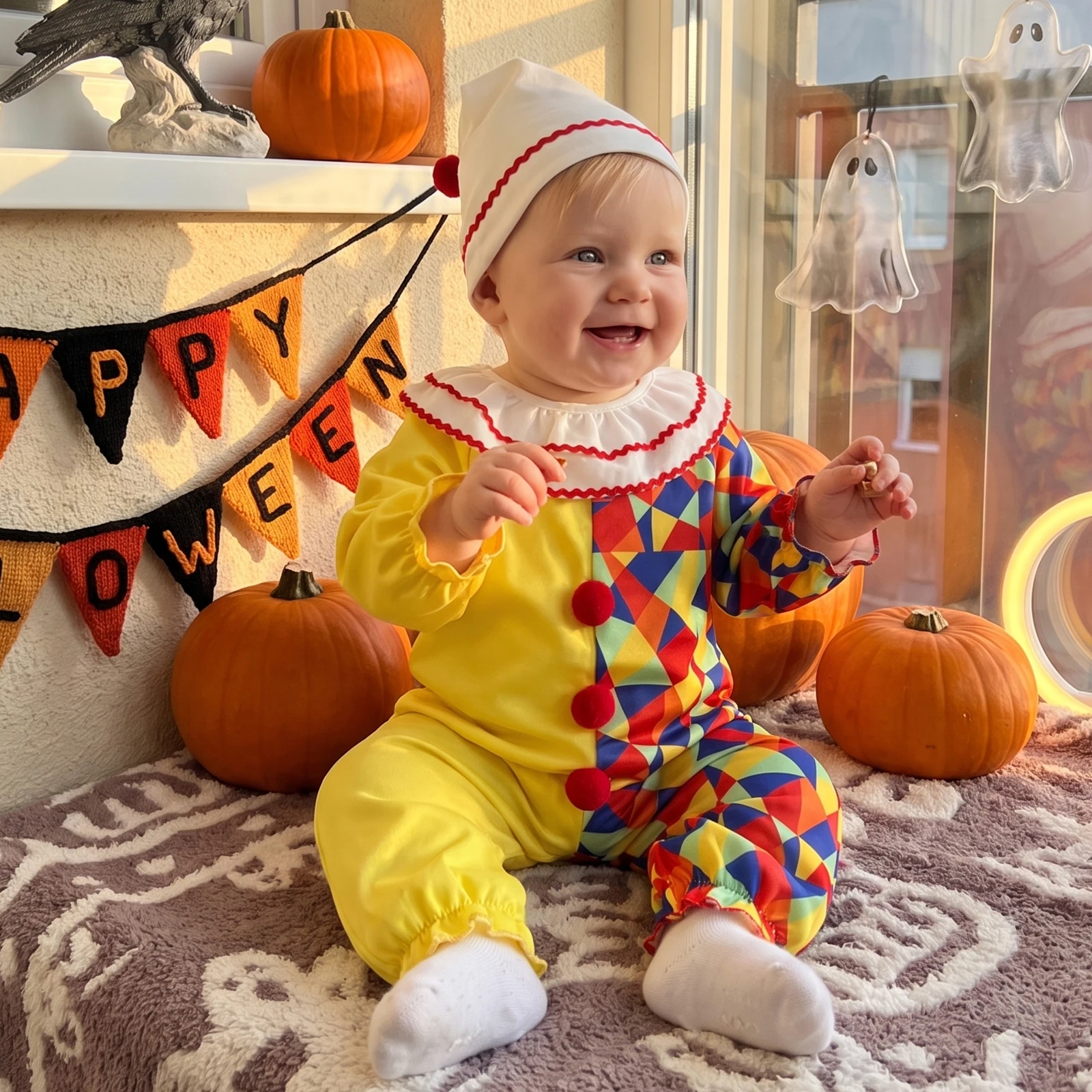 2026 Newborn Baby Boy Girl Halloween Clown Clothes Sets Contrast Pom Ball Ruffles Long Sleeve Rompers Jumpsuits with Hats