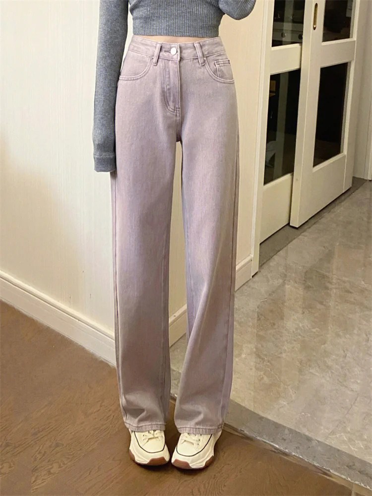 Light Purple Women Wide Leg Jeans Spring Autumn High Waist Loose Straight Denim Trousers Korean Style Chic Female Pants