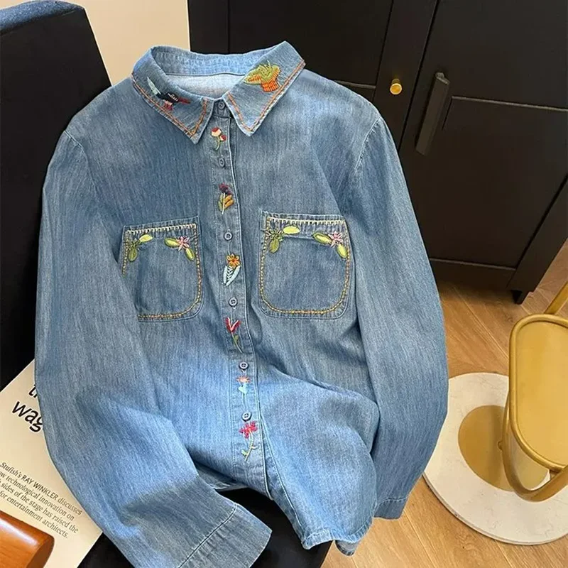 

Harajuku fashion cotton denim spring blouses 2025 long sleeve women's embroidered shirts pretty blouses woman jean shirts