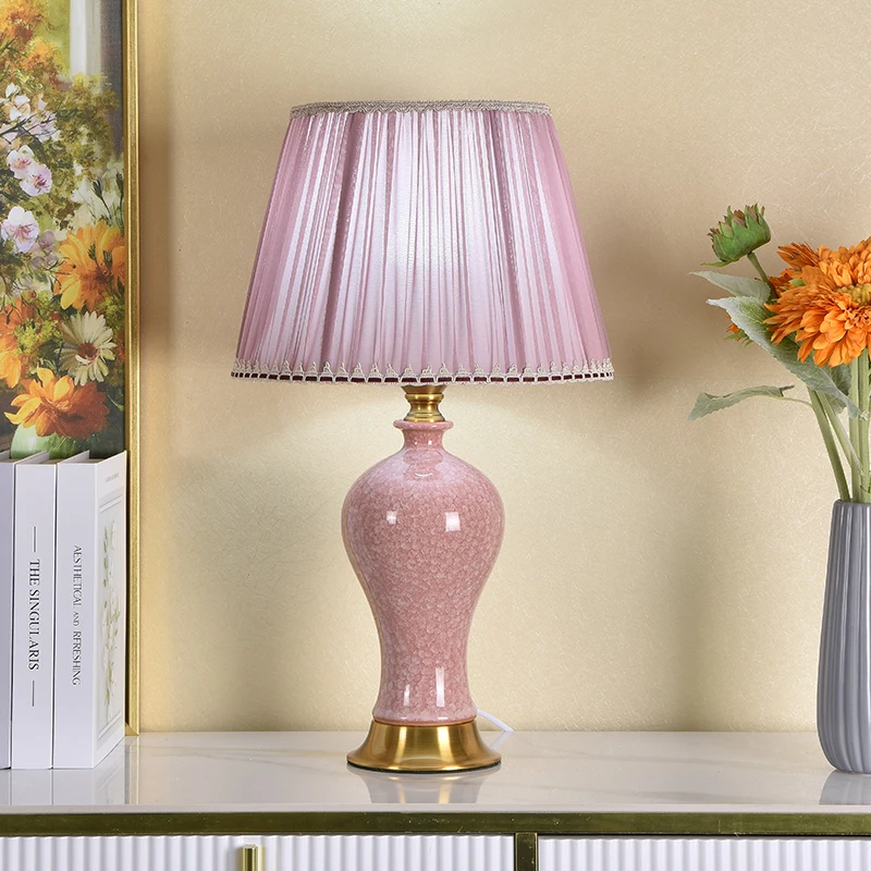 Pink Ceramic Table Lamp For Bedroom Girls' Room Bedside Lamp Home Decor Button Switch Jingdezhen Ceramic Ice Crack Table Lamp