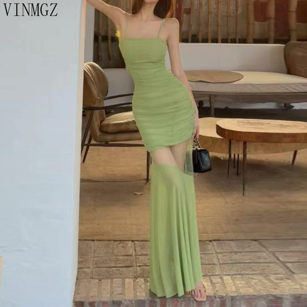 French  mesh splicing suspender dress women's summer new waist and thin high-end Spice Girl tail skirt